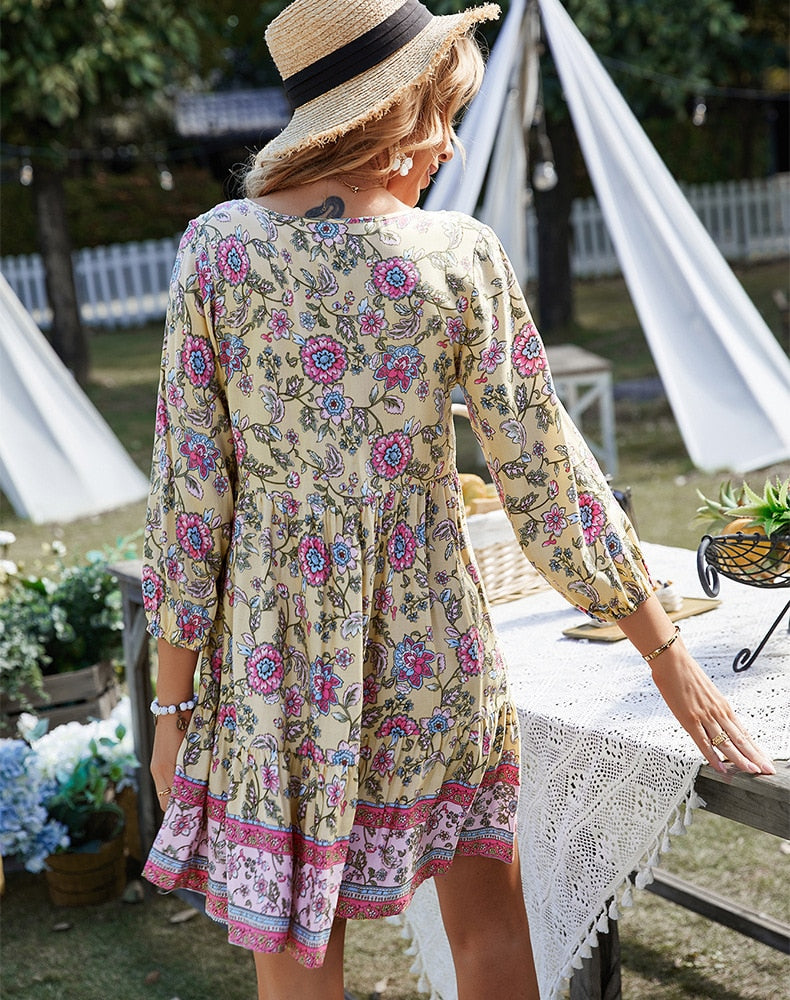 Boho Women's Printed Mini Dress with 3/4 Sleeve