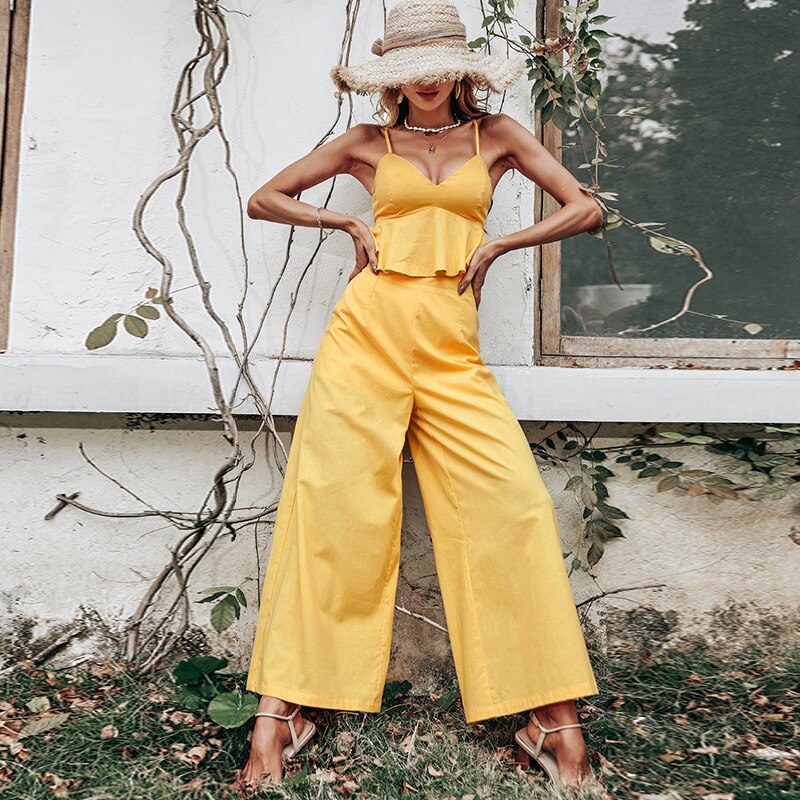 A. Bohemian Yellow Two-piece Women Casual Suit with V-neck Top & Pants Set