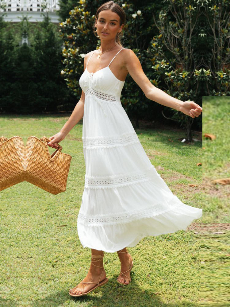 C. Bohemian Lace Patchwork Summer Dress with High Waist and V-Neck