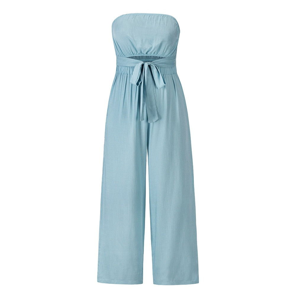 Bohemian Summer Strapless Jumpsuit with Wide Leg Trousers