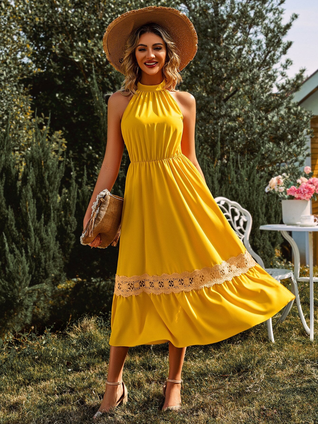 New Summer Lace Spliced Long Dress Women Halter Bow Tie High Waist A-line Casual Sleeveless Beach Dress Vestidos