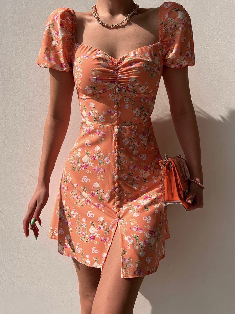 French Style Puff Sleeve Floral Off Shoulder Summer Mini Dress with Strapless Corset
