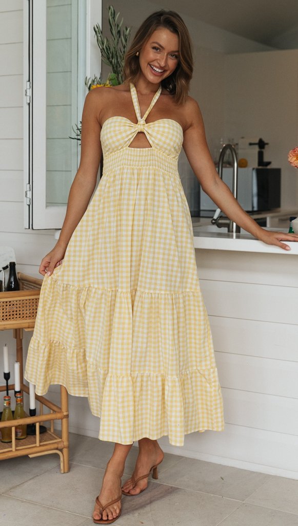 Boho/ Vintage Style Halter Plaid Party Dress with High Waist and Backless Beach Style