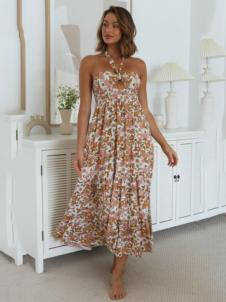 Boho/ Vintage Style Halter Plaid Party Dress with High Waist and Backless Beach Style