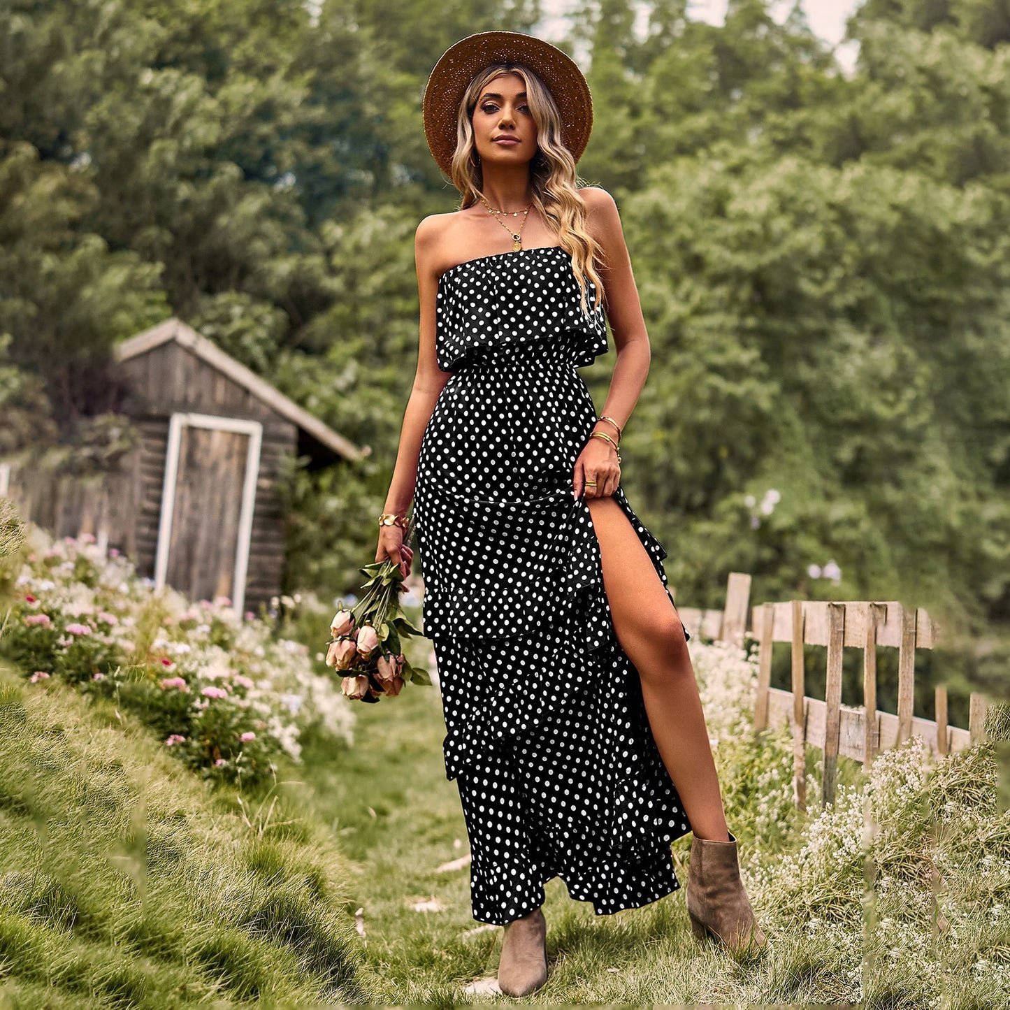 Boho Polka Dot Printed Women's Off the Shoulder Sleeveless Sundress with Split