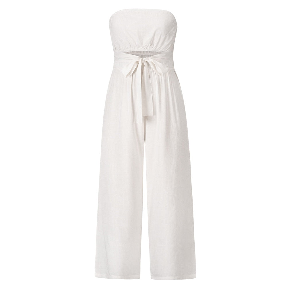 Bohemian Summer Strapless Jumpsuit with Wide Leg Trousers