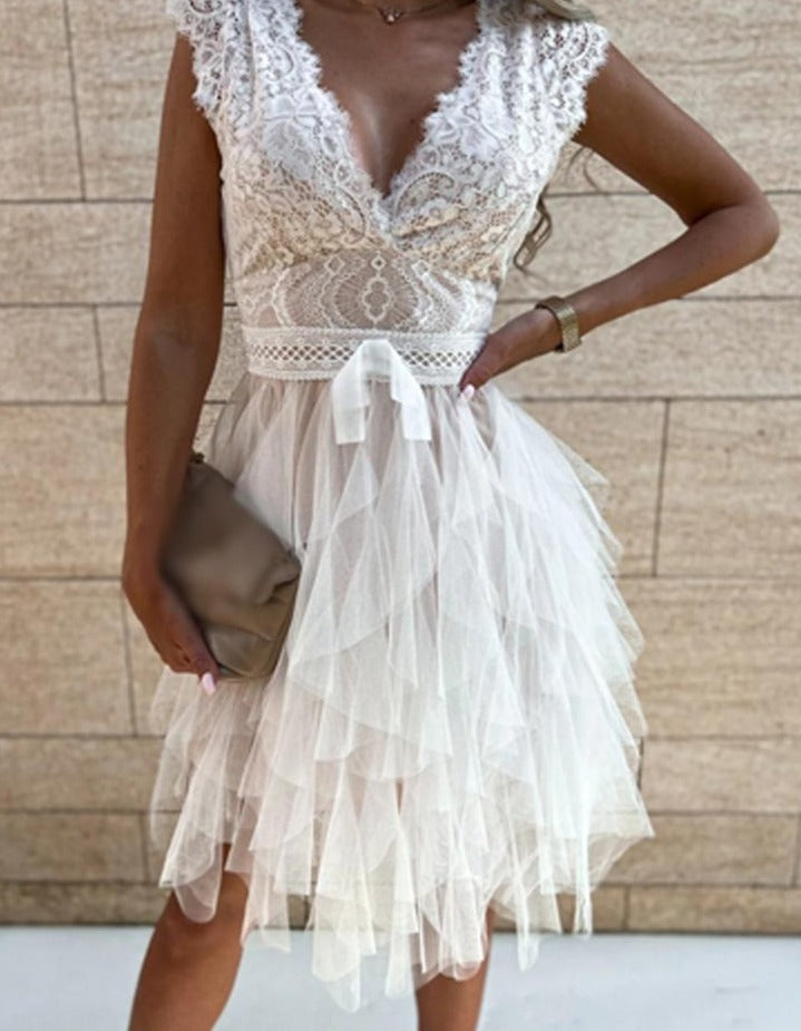 Embroidered Lace Mini Dress with V-Neck and Irregular Lace Skirt