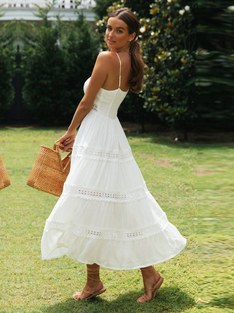 C. Bohemian Lace Patchwork Summer Dress with High Waist and V-Neck
