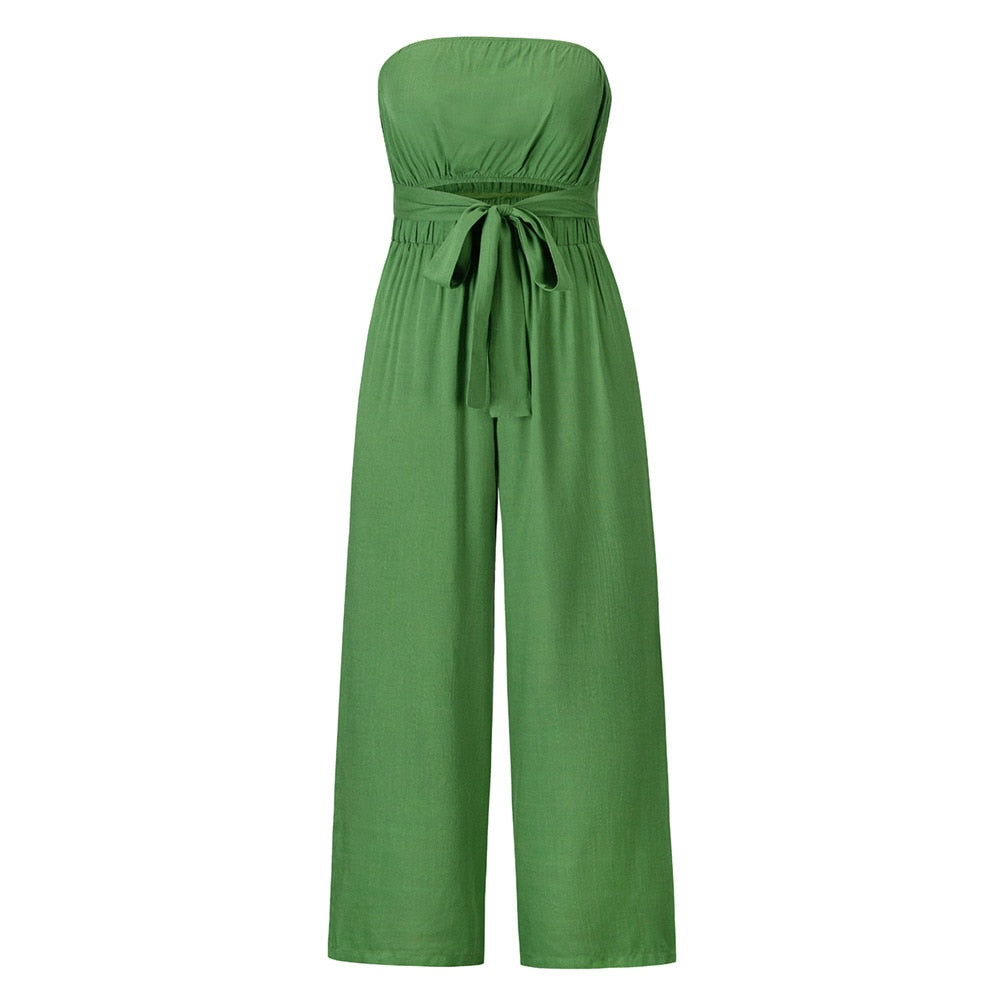 Bohemian Summer Strapless Jumpsuit with Wide Leg Trousers