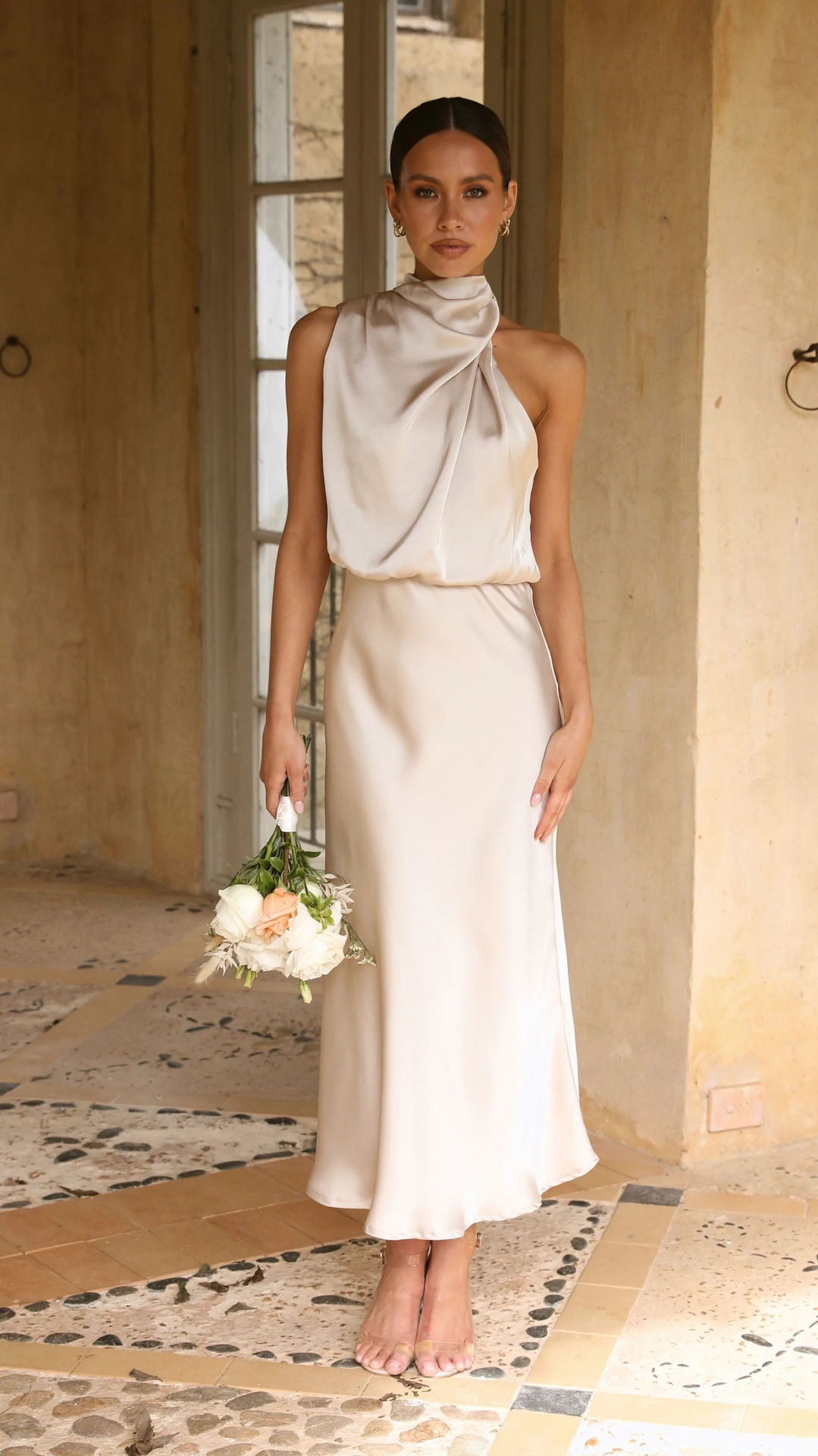 High Waisted Ruched Halter Dress in Satin