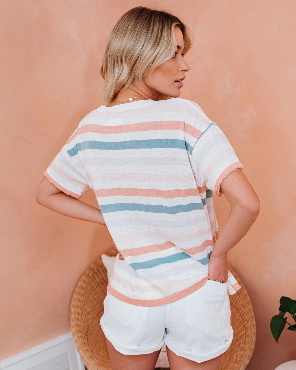 Boho Style Striped Printed Women Casual T-shirt