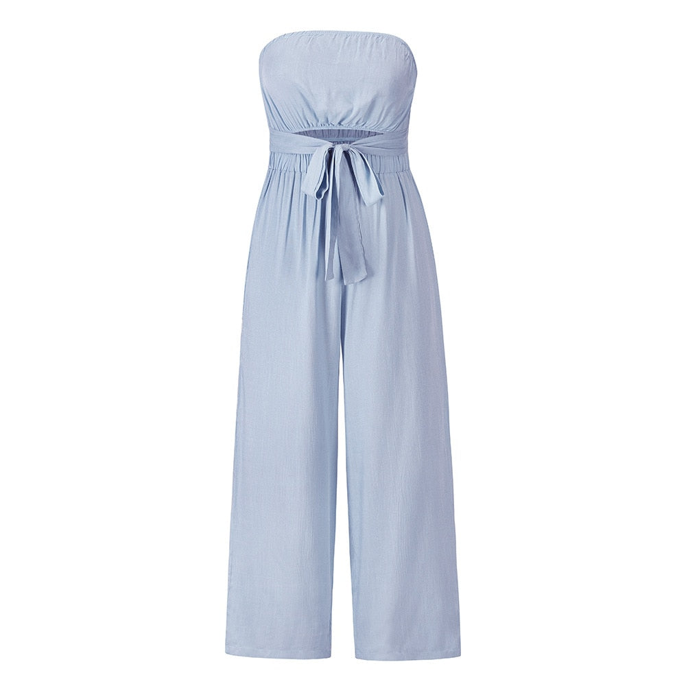 Bohemian Summer Strapless Jumpsuit with Wide Leg Trousers