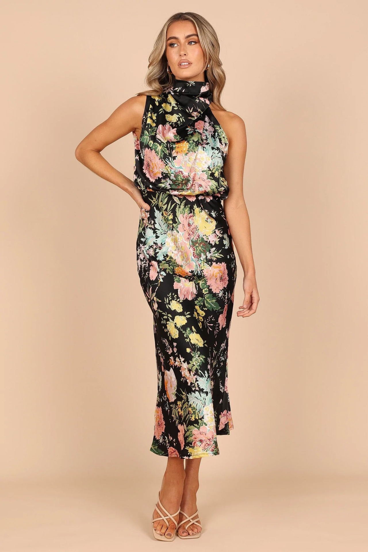 High Waisted Ruched Halter Dress in Satin