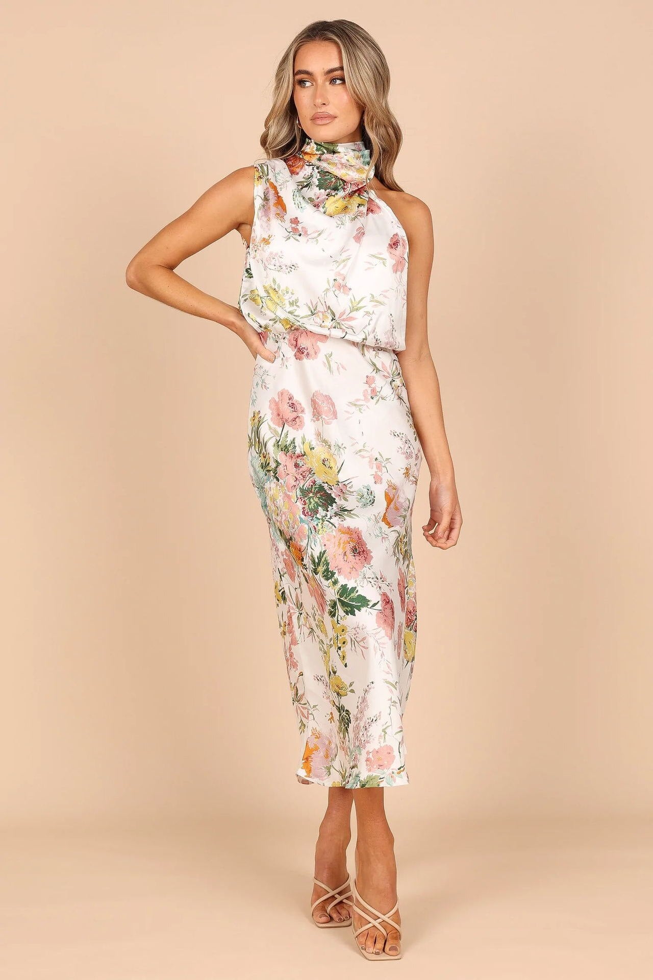 High Waisted Ruched Halter Dress in Satin