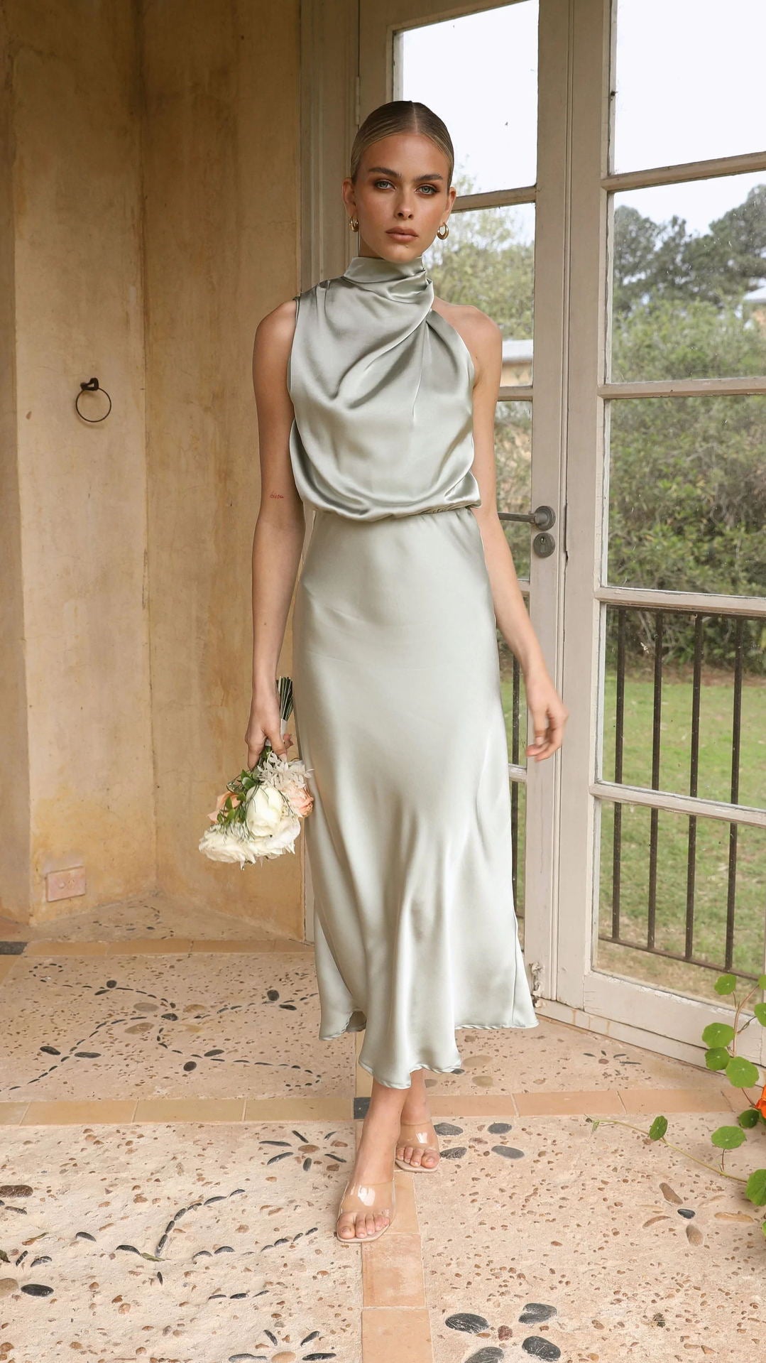 High Waisted Ruched Halter Dress in Satin