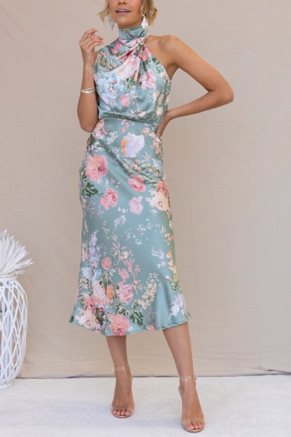 High Waisted Ruched Halter Dress in Satin