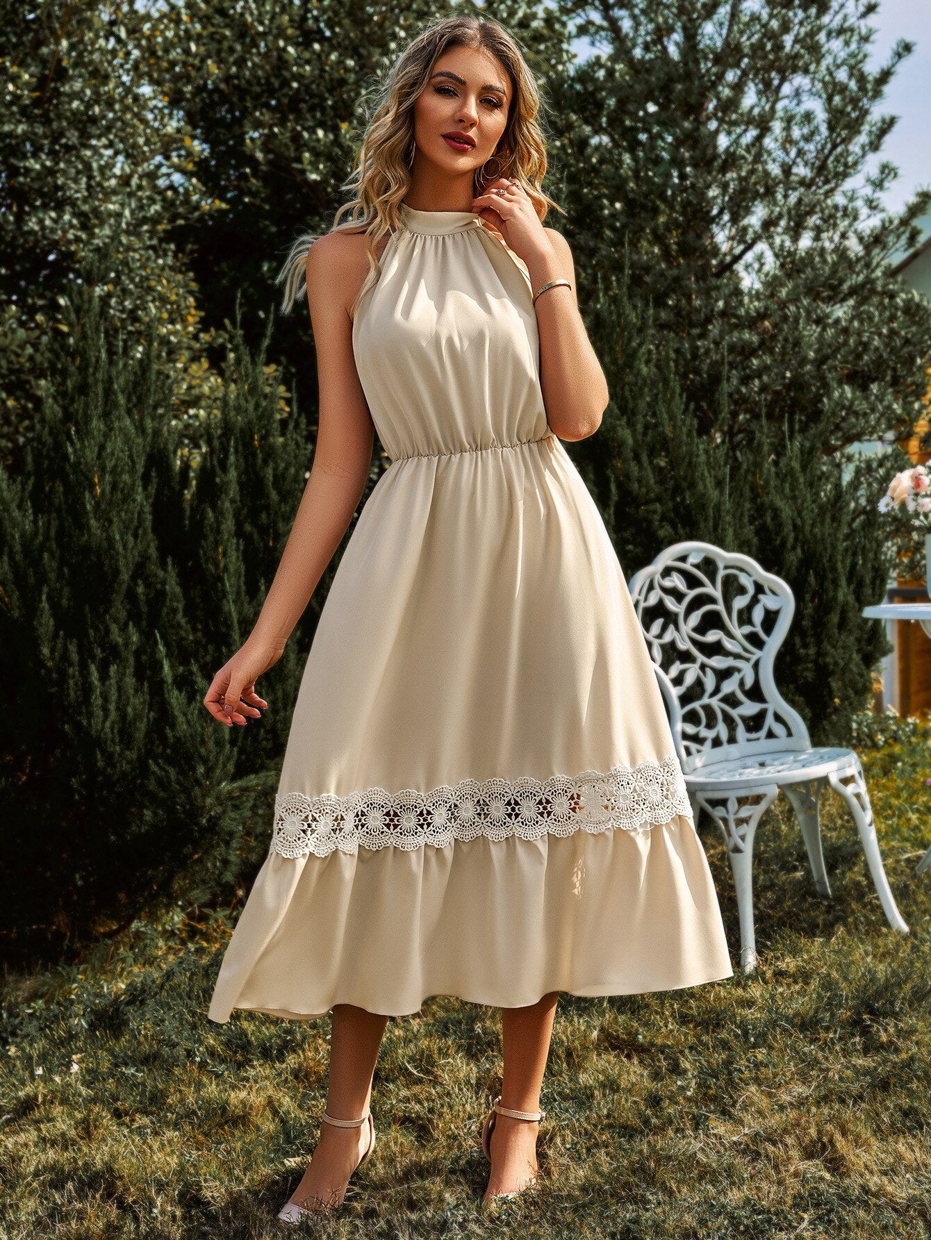 New Summer Lace Spliced Long Dress Women Halter Bow Tie High Waist A-line Casual Sleeveless Beach Dress Vestidos