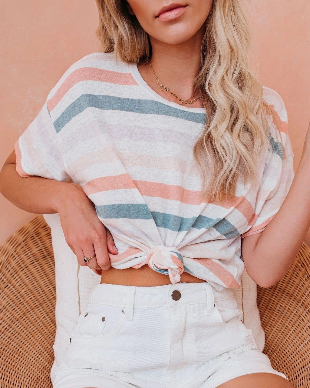 Boho Style Striped Printed Women Casual T-shirt