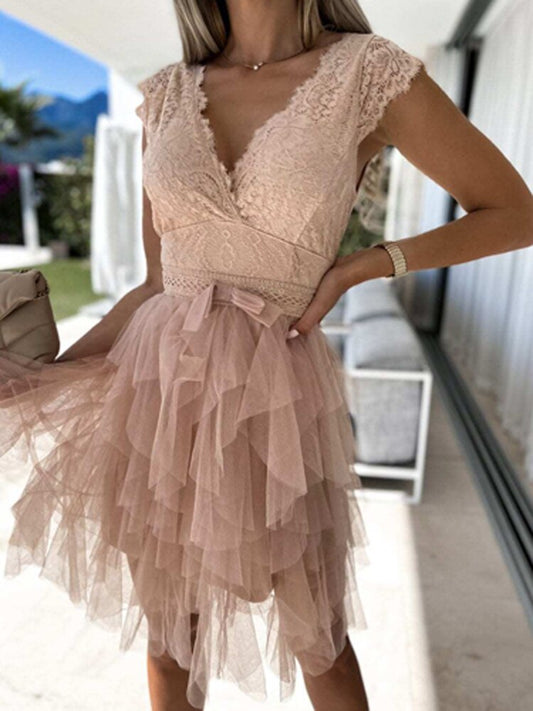 Embroidered Lace Mini Dress with V-Neck and Irregular Lace Skirt