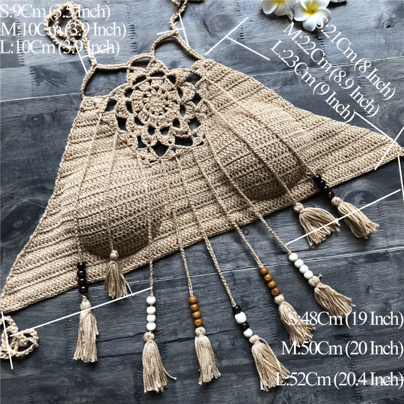 Knitted/ Crocheted Boho Style Halter Bikini Tops with Tassels